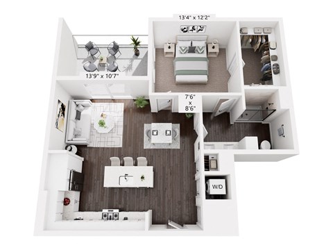 Floor plan for 1 bed, 1 bath, 884 sqft